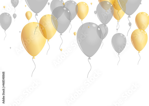 Golden Balloon Background White Vector. Surprise Falling Template. Silver Birthday Helium. Air Art Banner.