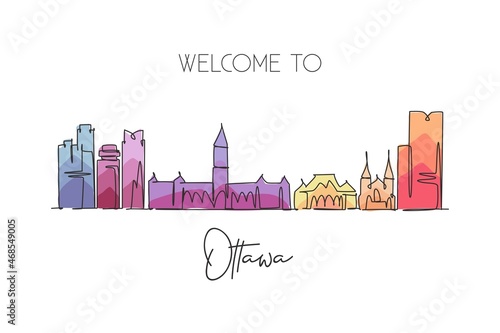 One continuous line drawing Ottawa city skyline, Canada. Beautiful landmark postcard. World landscape tourism and travel vacation. Editable stylish stroke single line draw design vector illustration