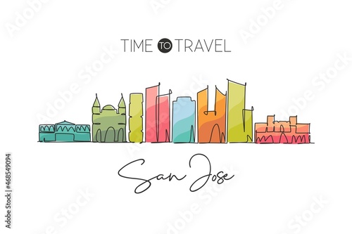 One single line drawing of San Jose city skyline, Costa Rica. World historical town landscape. Best place holiday destination. Editable stroke trendy continuous line draw design vector illustration photo