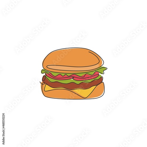 One single line drawing of fresh logo American burger vector illustration. Fast food beefburger cafe menu and restaurant badge concept. Modern continuous line draw design street food logotype