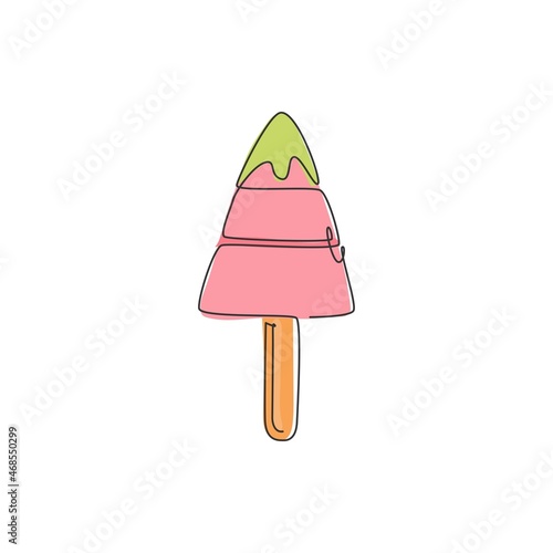 One continuous line drawing of fresh delicious American popsicles store restaurant logo emblem. Snack appetizer cafe shop logotype template concept. Modern single line draw design vector illustration