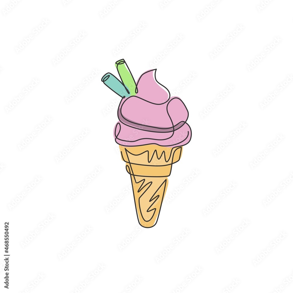 One continuous line drawing of fresh delicious ice cream cone restaurant logo emblem. Dessert sweet icecream cafe shop logotype template concept. Modern single line draw design vector illustration