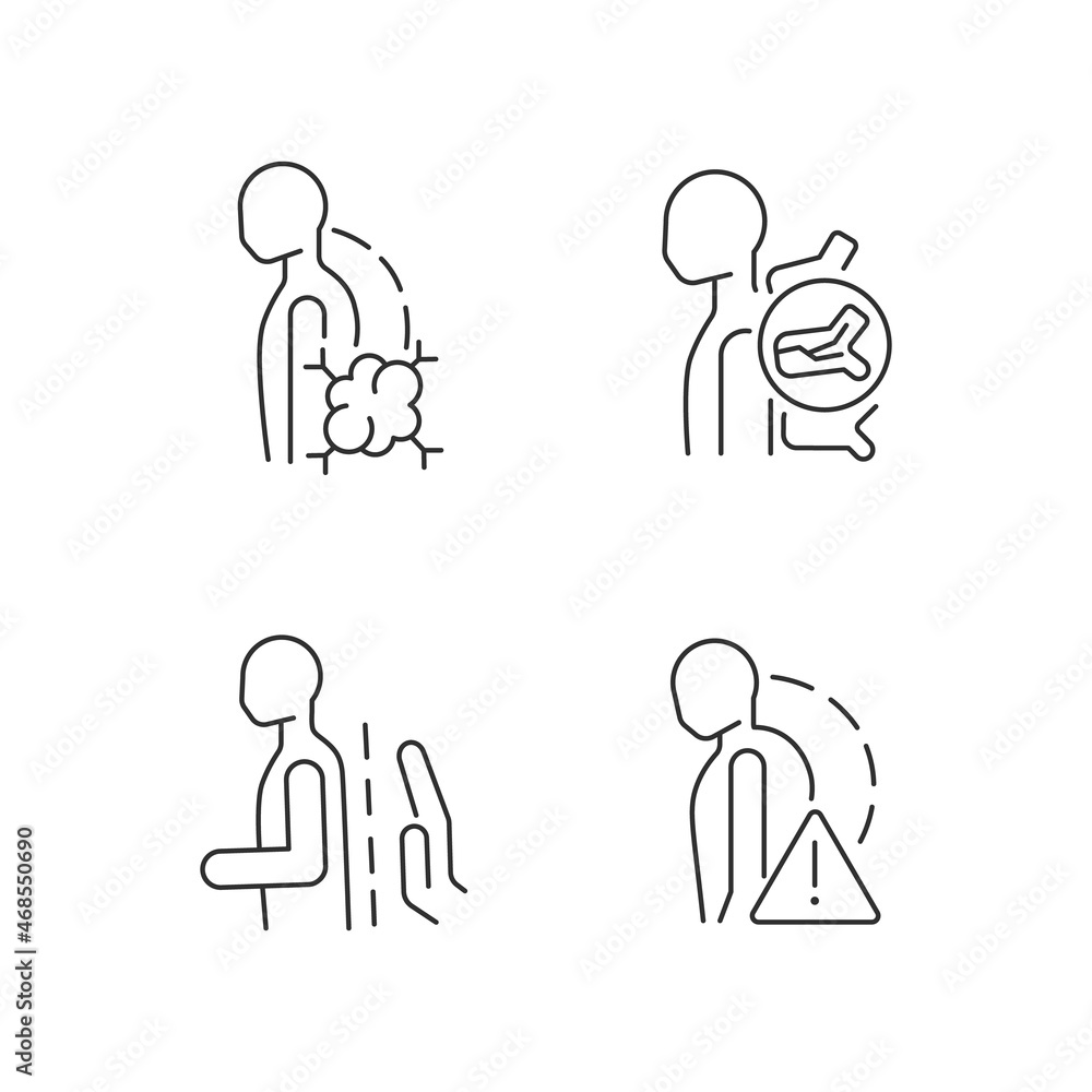 Spinal problems linear icons set. Backbone diseases and traumas. Severe disability. Pathologic scoliosis. Customizable thin line contour symbols. Isolated vector outline illustrations. Editable stroke Spinal problems linear icons set. Backbone diseases and traumas. Severe disability. Pathologic scoliosis. Customizable thin line contour symbols. Isolated vector outline illustrations. Editable stroke