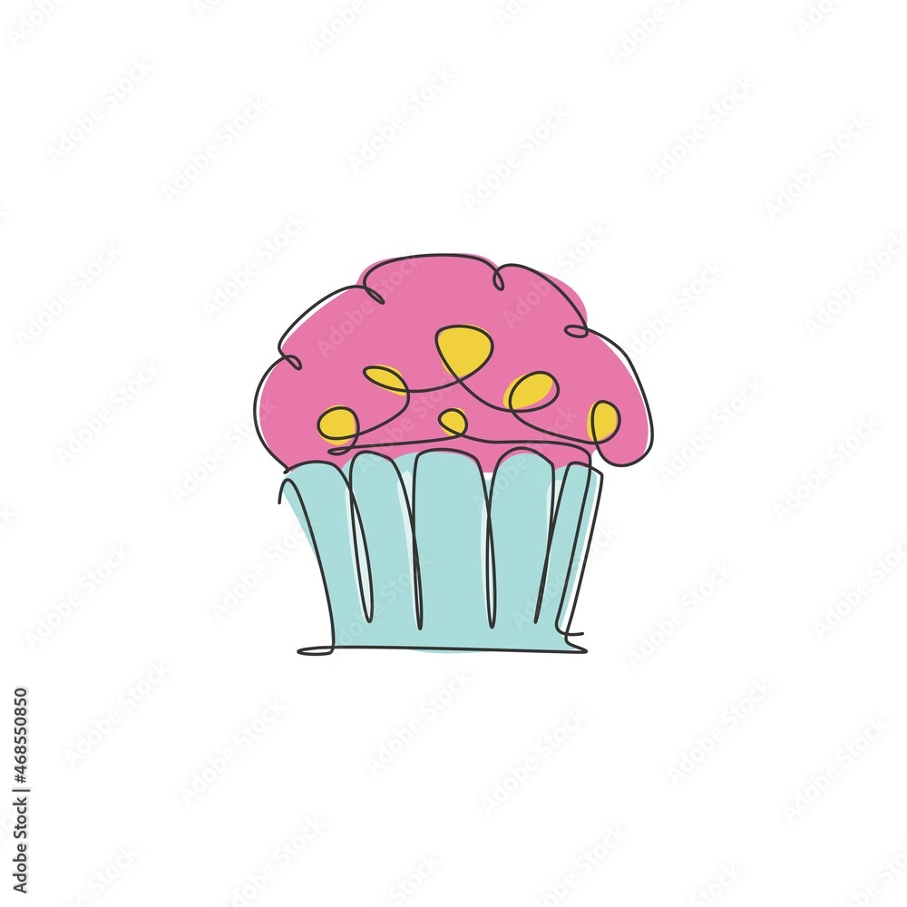 Single continuous line drawing of stylized baked muffin cake online shop logo label. Emblem pastry concept. Modern one line draw design vector illustration for cafe, store or food delivery service Single continuous line drawing of stylized baked muffin cake online shop logo label. Emblem pastry concept. Modern one line draw design vector illustration for cafe, store or food delivery service