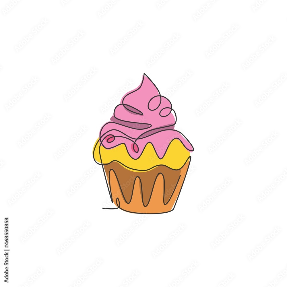 One single line drawing of fresh sweet muffin cake online shop logo vector illustration. Delicious pastry shop menu and restaurant badge concept. Modern continuous line draw design cookies logotype One single line drawing of fresh sweet muffin cake online shop logo vector illustration. Delicious pastry shop menu and restaurant badge concept. Modern continuous line draw design cookies logotype