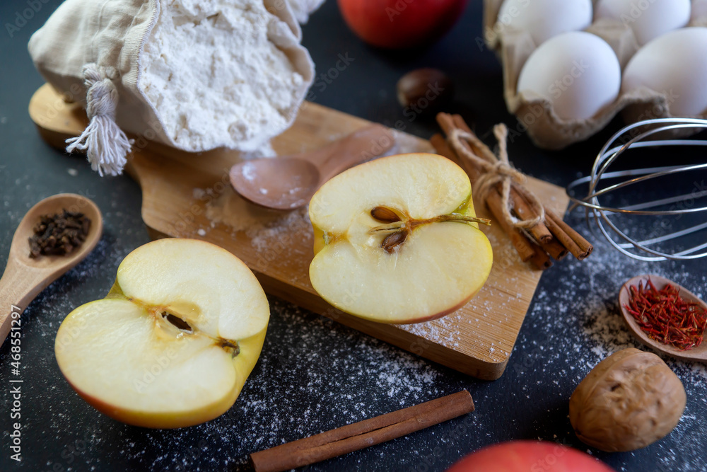 Apples and other foods and spices for making a birthday cake. Apples and other foods and spices for making a birthday cake.
