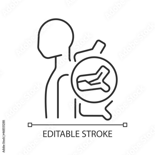 Spinal fracture linear icon. Spine bones injury. Vertebral disorder. Osteoporotic trauma. Thin line customizable illustration. Contour symbol. Vector isolated outline drawing. Editable stroke © bsd studio