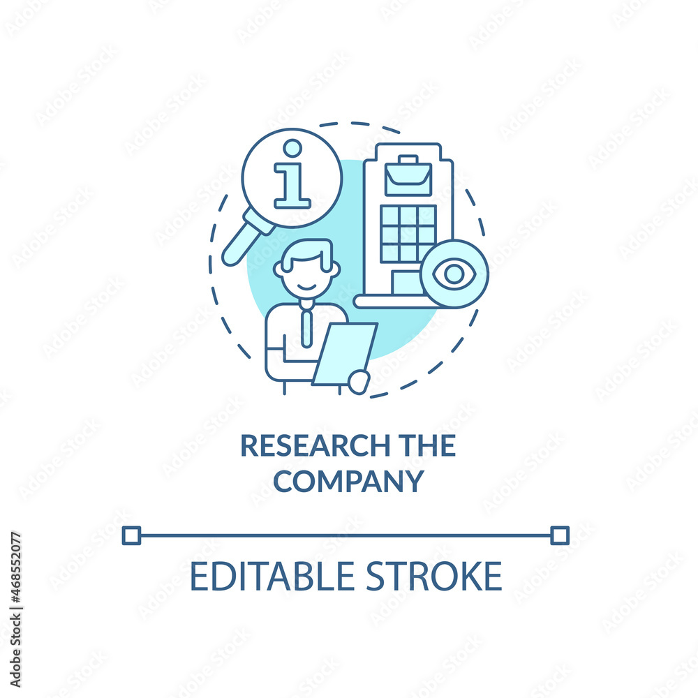 Research company blue concept icon. Preparing for interview abstract idea thin line illustration. Job position. Know info about organization. Vector isolated outline color drawing. Editable stroke