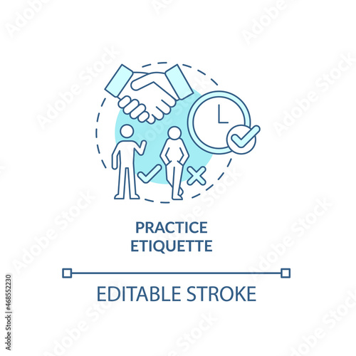 Practice etiquette blue concept icon. Preparing for job interview abstract idea thin line illustration. Be polite, positive. Watch body language. Vector isolated outline color drawing. Editable stroke