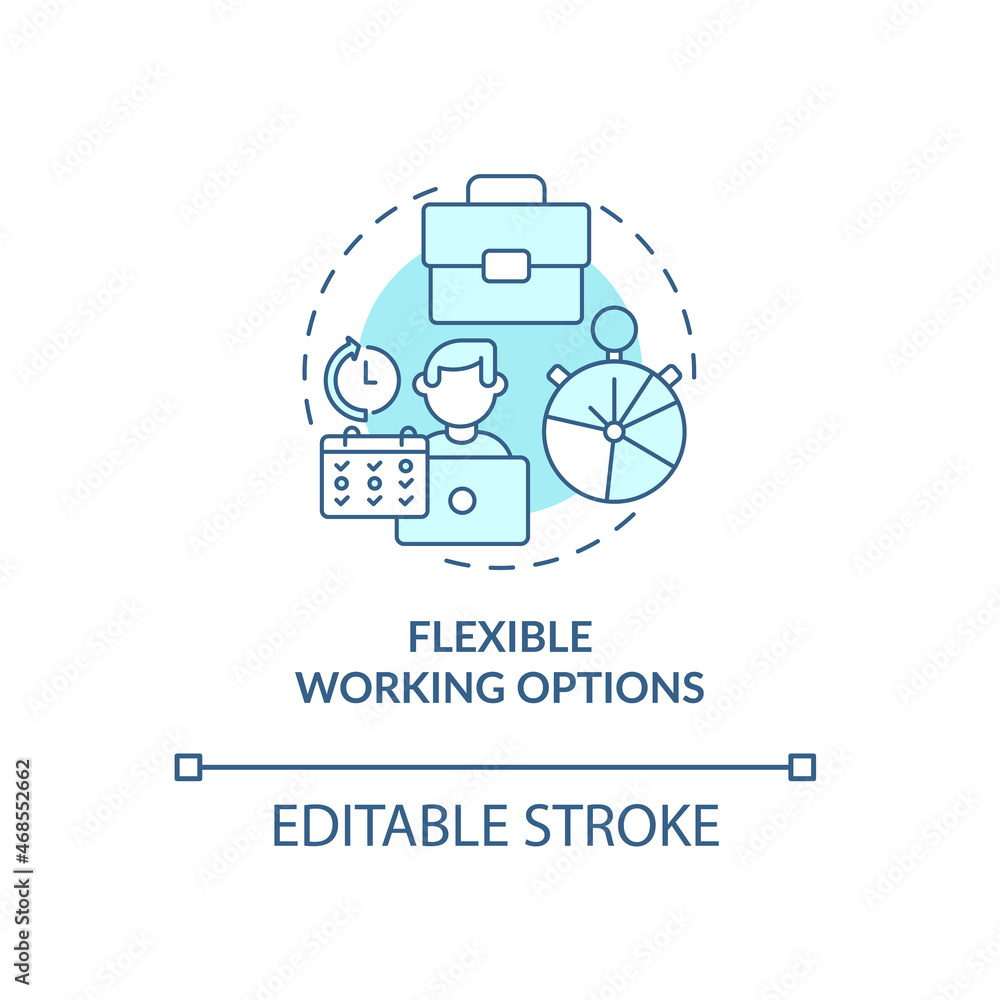 Flexible working options blue concept icon. Employee perks abstract idea thin line illustration. Remote working at home. Office workplace. Vector isolated outline color drawing. Editable stroke Flexible working options blue concept icon. Employee perks abstract idea thin line illustration. Remote working at home. Office workplace. Vector isolated outline color drawing. Editable stroke