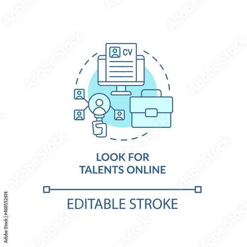 Look for talents online blue concept icon. Attracting talents abstract idea thin line illustration. Seeking for candidates on social media. Vector isolated outline color drawing. Editable stroke