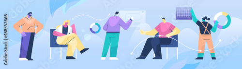 mix race businesspeople group presenting financial graphs teamwork presentation concept full length horizontal vector illustration