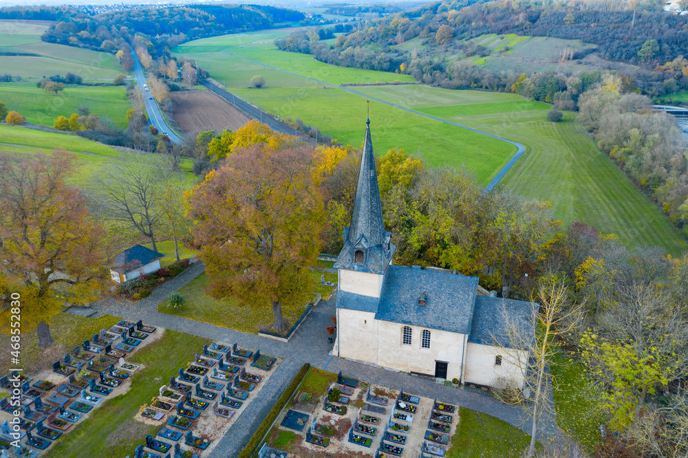 Bird's eye view of the small Berger Church near Niederbrechen / Germany on a hill