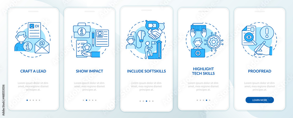 Writing cv blue onboarding mobile app page screen. Job hunting walkthrough 5 steps graphic instructions with concepts. Curriculum vitae. UI, UX, GUI vector template with linear color illustrations
