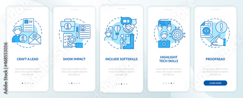 Writing cv blue onboarding mobile app page screen. Job hunting walkthrough 5 steps graphic instructions with concepts. Curriculum vitae. UI, UX, GUI vector template with linear color illustrations