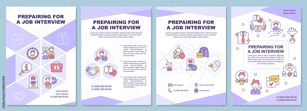 Preparing for job interview brochure template. Practice, research. Flyer, booklet, leaflet print, cover design with linear icons. Vector layouts for presentation, annual reports, advertisement pages