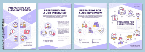 Preparing for job interview brochure template. Practice, research. Flyer, booklet, leaflet print, cover design with linear icons. Vector layouts for presentation, annual reports, advertisement pages