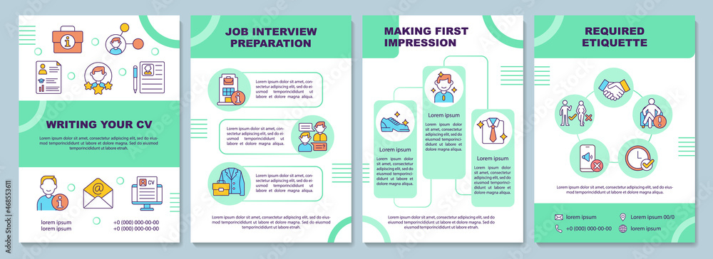 Job interview brochure template. Candidate interviewing. Flyer, booklet, leaflet print, cover design with linear icons. Vector layouts for presentation, annual reports, advertisement pages