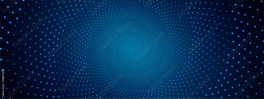 Abstract blue background of dots. Vector design of circles in a spiral, hypnosis. The pattern of a cosmic funnel, a maze. Glowing neon stars. Poster for social networks, medicine, websites, business. - obrazy, fototapety, plakaty 