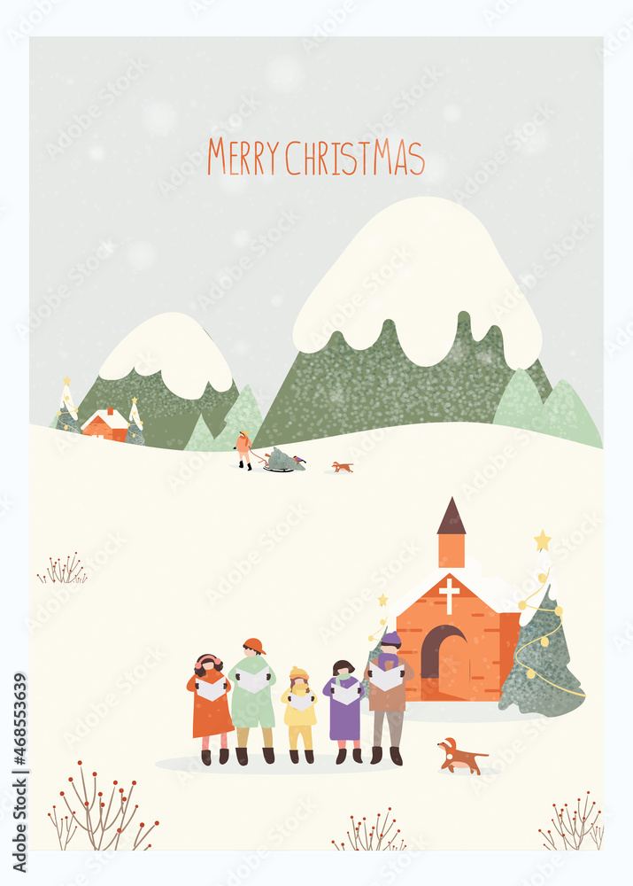 Vector illustration of a Christmas winter greeting postcard.Green color of winter mountain countryside landscape with  Christmas carol singers,church,pine tree and snow.Happy holidays