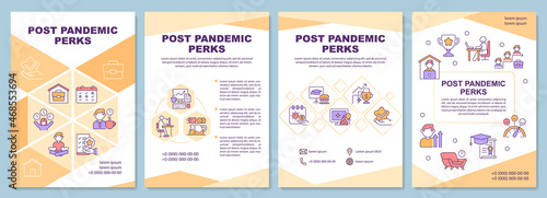 Post pandemic perks brochure template. Employees benefits. Flyer, booklet, leaflet print, cover design with linear icons. Vector layouts for presentation, annual reports, advertisement pages
