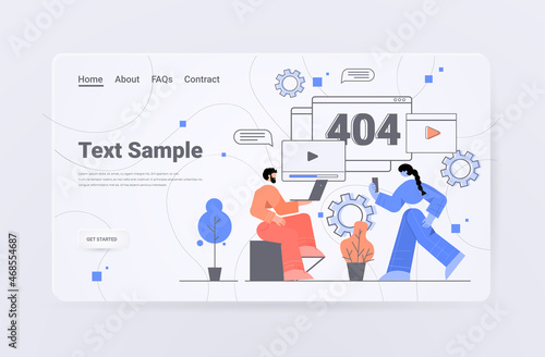businesspeople repairing site with problem not working error lost not found 404 sign concept