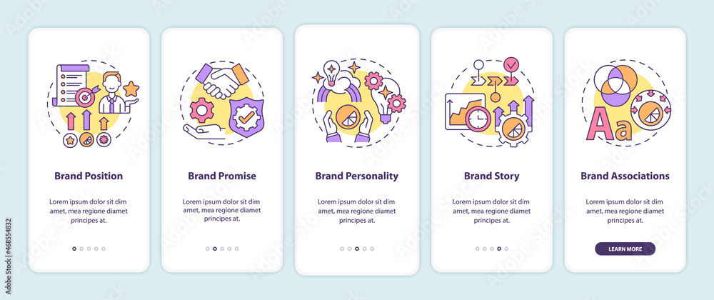 Key brand elements onboarding mobile app page screen. Business value walkthrough 5 steps graphic instructions with concepts. UI, UX, GUI vector template with linear color illustrations