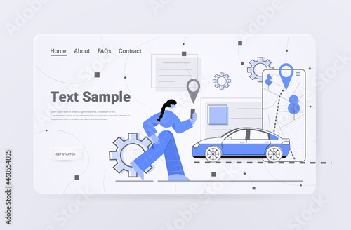 businesswoman ordering taxi in mobile application transportation carsharing service carpooling concept