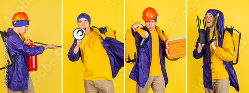 Collage of comic portraits of young man, delivery guy in uniform isolated on yellow studio background. Concept of humor, safety, service. photo