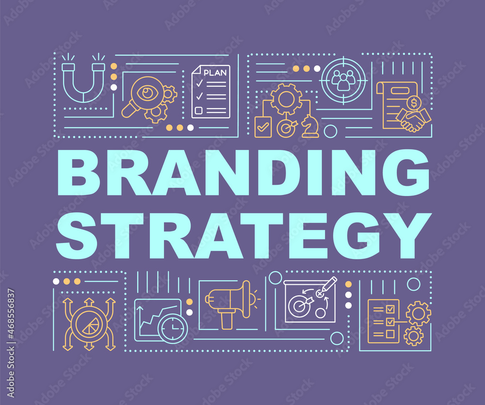 Branding strategy purple word concepts banner. Marketing for business. Infographics with linear icons on purple background. Isolated creative typography. Vector outline color illustration with text