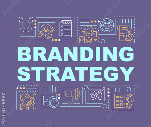 Branding strategy purple word concepts banner. Marketing for business. Infographics with linear icons on purple background. Isolated creative typography. Vector outline color illustration with text