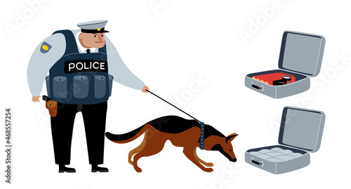 Baggage inspection. A policeman keeps his shepherd dog on a leash. A suitcase with drugs and a bomb. Color vector illustration isolated on a white background in a cartoon and flat design.