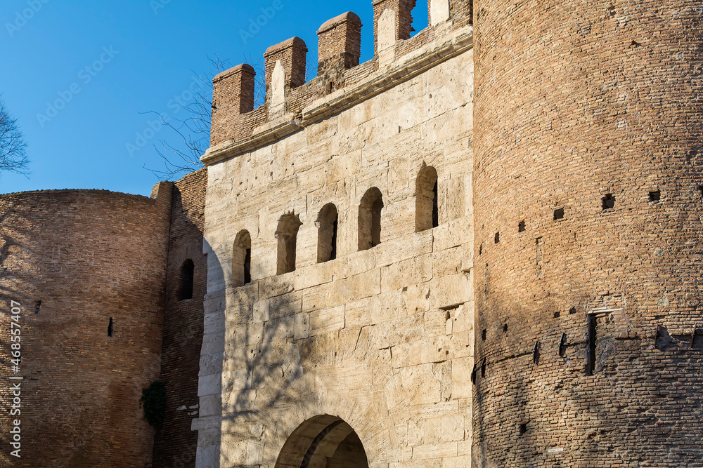 Porta Latina, a single-arched gate in the Aurelian Walls of ancient Rome, Italy	 