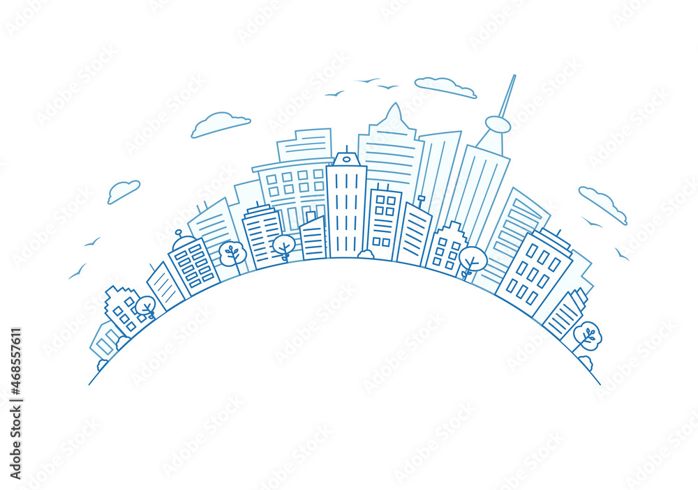 Blue line City. Round Panorama of city buildings. copy space for text.