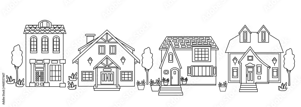 Street of small town. Four cottages Lineart concept vector illustration
