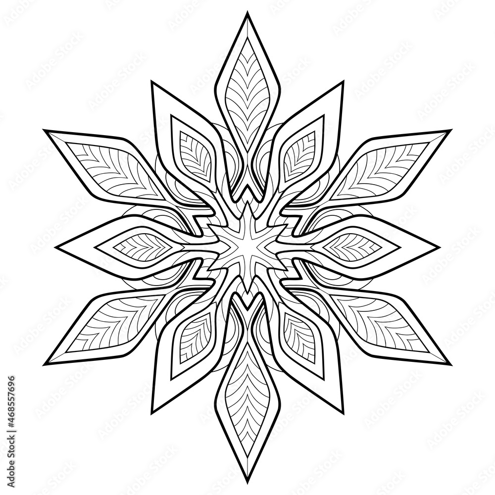 Decorative floral mandala with striped patterns on a white isolated background. For coloring book. Decorative floral mandala with striped patterns on a white isolated background. For coloring book.