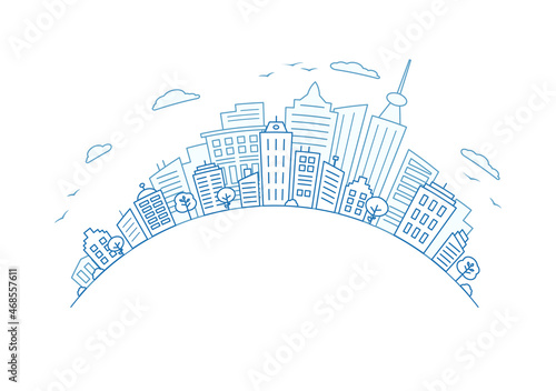 Blue line City. Round Panorama of city buildings. copy space for text.