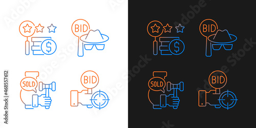 Auction components gradient icons set for dark and light mode. Auctioneer. Appraisal process. Thin line contour symbols bundle. Isolated vector outline illustrations collection on black and white