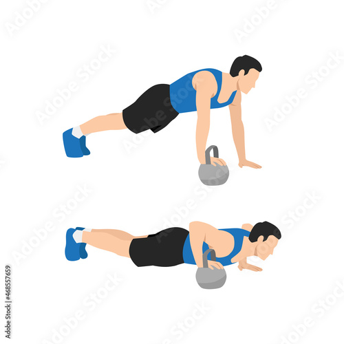 Man doing Push up with one hand on the kettlebell exercise. Flat vector illustration isolated on white background. workout character set