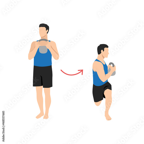 Man doing Upperbody rotation in lunge with kettlebell exercise. Flat vector illustration isolated on white background. workout character set