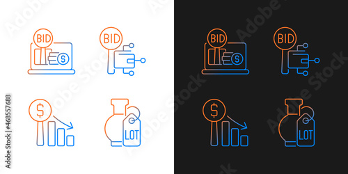 Electronic auctioning gradient icons set for dark and light mode. Online bargain. Dutch auction. Thin line contour symbols bundle. Isolated vector outline illustrations collection on black and white