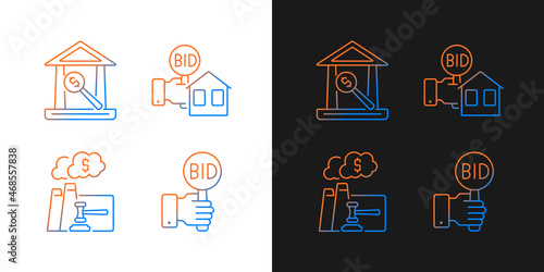 Bargaining for property gradient icons set for dark and light mode. Auction house. Bidding. Thin line contour symbols bundle. Isolated vector outline illustrations collection on black and white