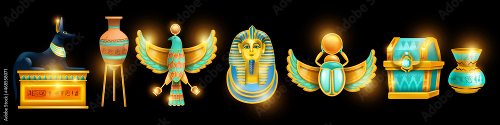 Ancient Egypt treasure symbol set, vector game Egyptian icon kit, gold ...