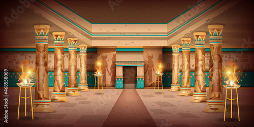 Ancient Egypt temple interior background, vector pharaoh pyramid tomb interior, old stone column. History civilization palace room, god silhouette, fire plate, wall painting. Egypt temple monument