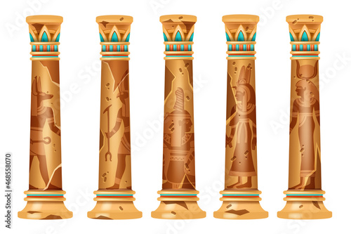 Ancient Egypt column set, vector old stone pillar collection, antique temple object, god silhouette. Cracked vintage pedestal, decorative broken ornate Egyptian exterior. Ancient column Anubis outline