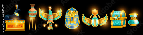 Fotografie, Obraz Ancient Egypt treasure symbol set, vector game Egyptian icon kit, gold historical archeology artefacts