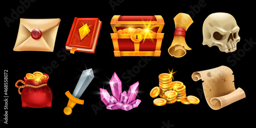 Game icon vector user interface set, UI mobile casino design element, achievement trophy badge kit. Golden coin pile, crystal gemstone, pirate map, treasure chest skull. Game RPG fantasy resource icon