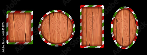 Wooden sign board collection, vector winter holiday rustic banner panel set, striped frame. Game UI timber badge kit, vintage geometric menu tablet, decoration design element. Wooden sign textures