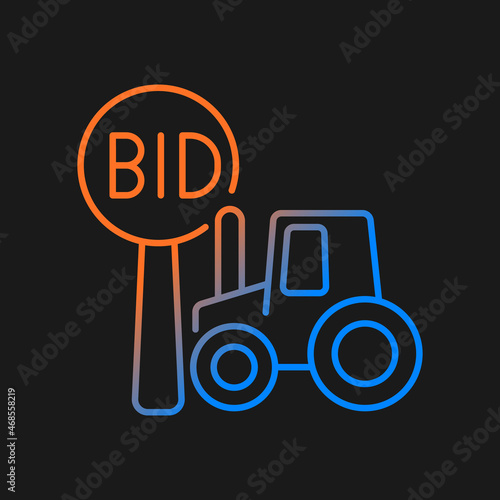 Farm auction gradient vector icon for dark theme. Selling equipment for farming. Bargaining for farm tools and property. Thin line color symbol. Modern style pictogram. Vector isolated outline drawing