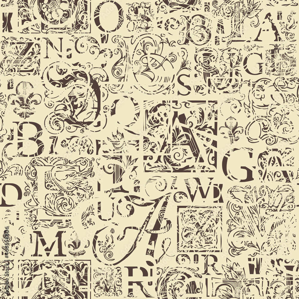 Vector seamless pattern with hand-drawn initial and capital letters on a beige backdrop. Repeating background with alphabet letters in grunge style. Suitable for wallpaper, wrapping paper, fabric